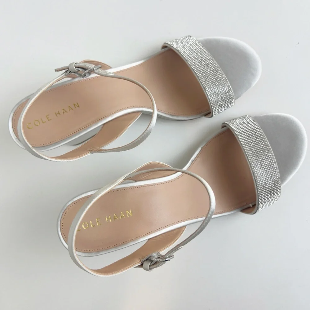 •COLE HAAN•‎ Josie Wedge Ankle Strap Sandal Heel Size 9.5B Gray Satin Crystals